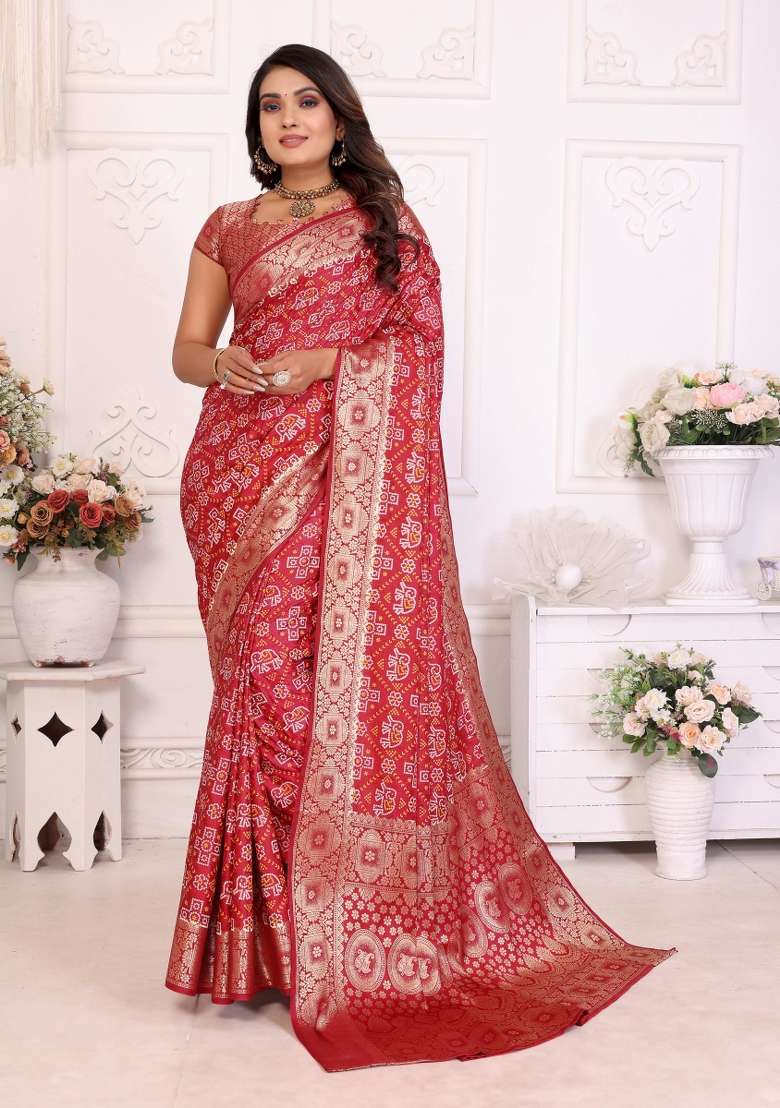 Red Bandhej Print Silk Saree Set - Indya