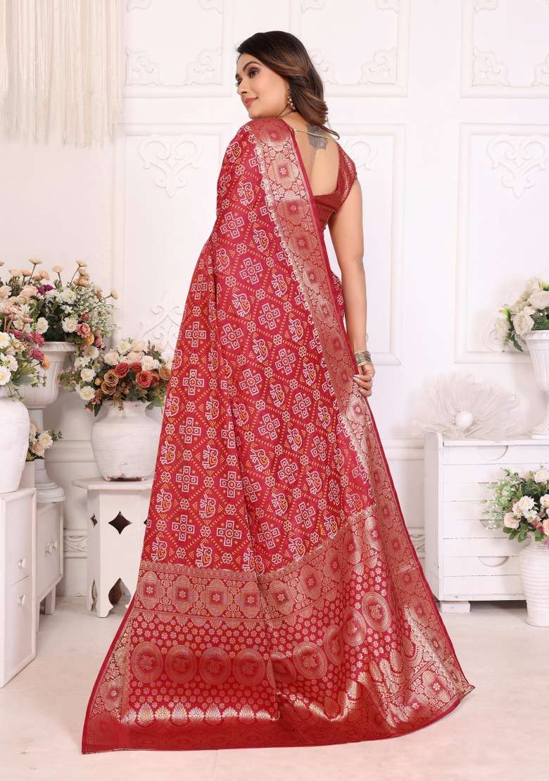 Red Bandhej Print Silk Saree Set - Indya