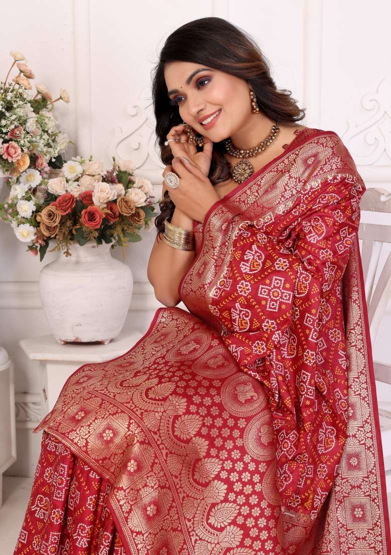 Red Bandhej Print Silk Saree Set - Indya