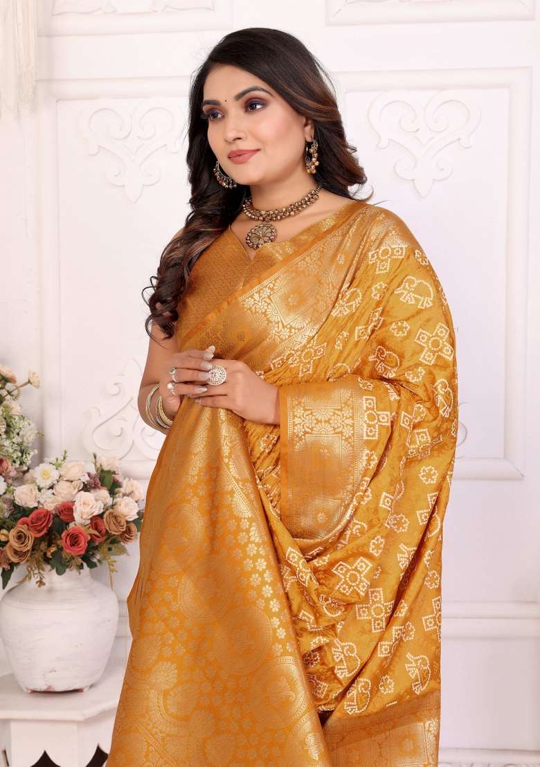Yellow Bandhej Print Silk Saree Set - Indya