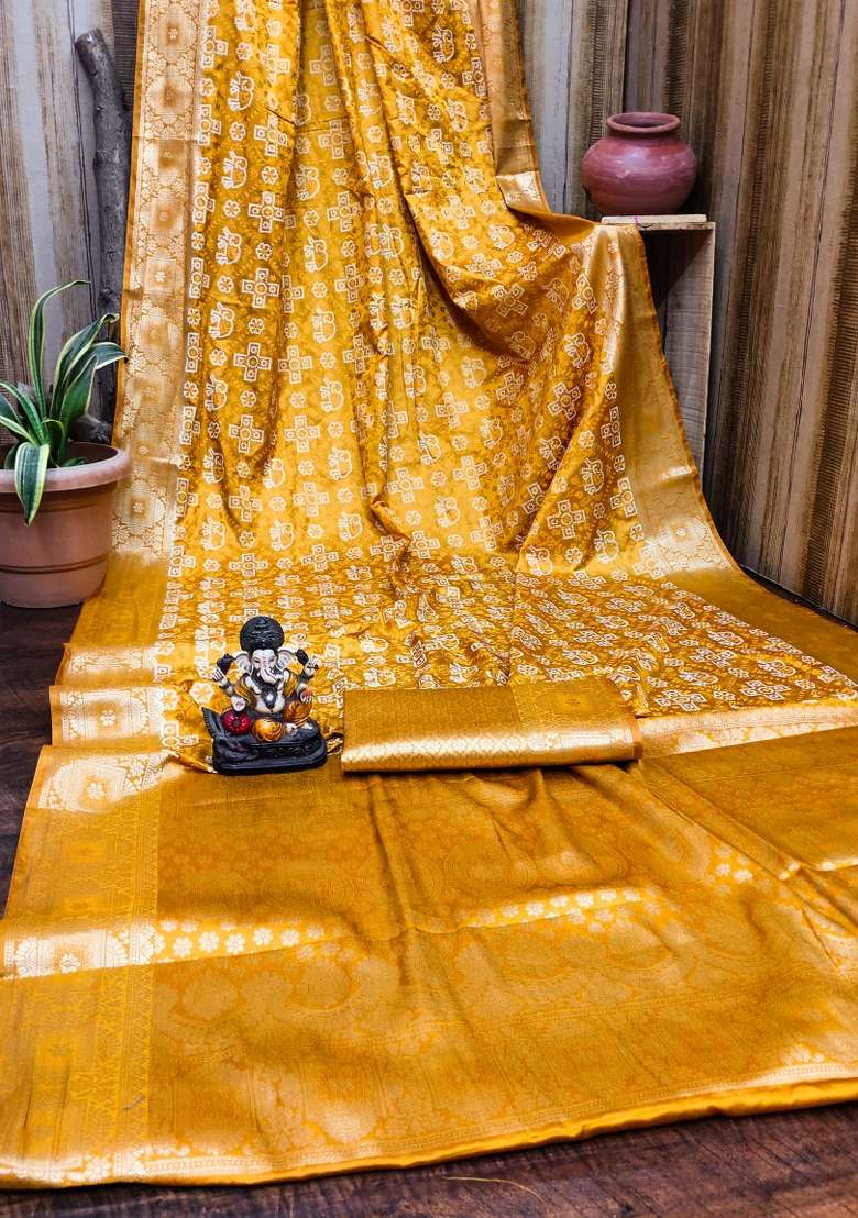 Yellow Bandhej Print Silk Saree Set - Indya
