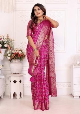 Pink Bandhej Print Silk Saree Set