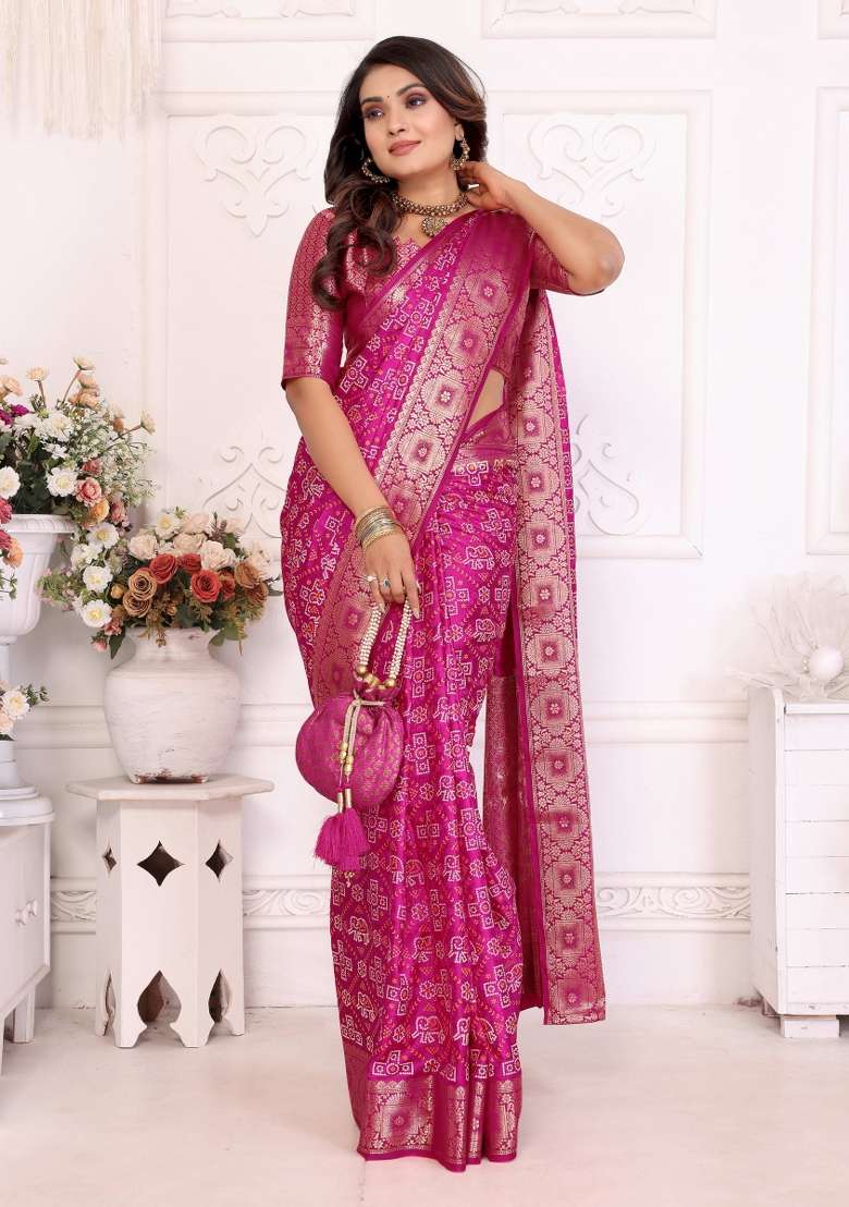 Pink Bandhej Print Silk Saree Set - Indya