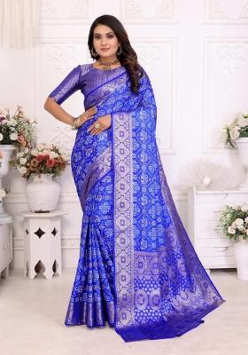 Blue Bandhej Print Silk Saree Set