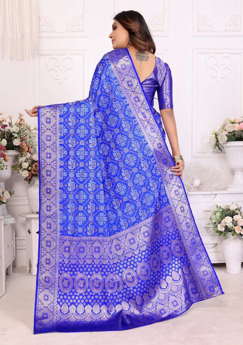 Blue Bandhej Print Silk Saree Set - Indya
