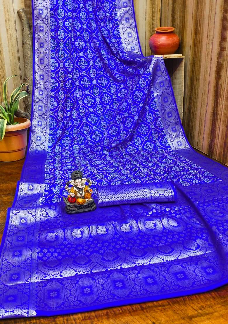 Blue Bandhej Print Silk Saree Set - Indya
