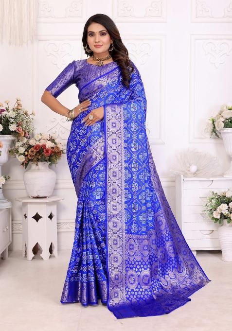Blue Bandhej Print Silk Saree Set