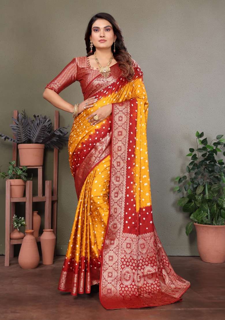 Yellow Bandhej Print Silk Saree Set - Indya