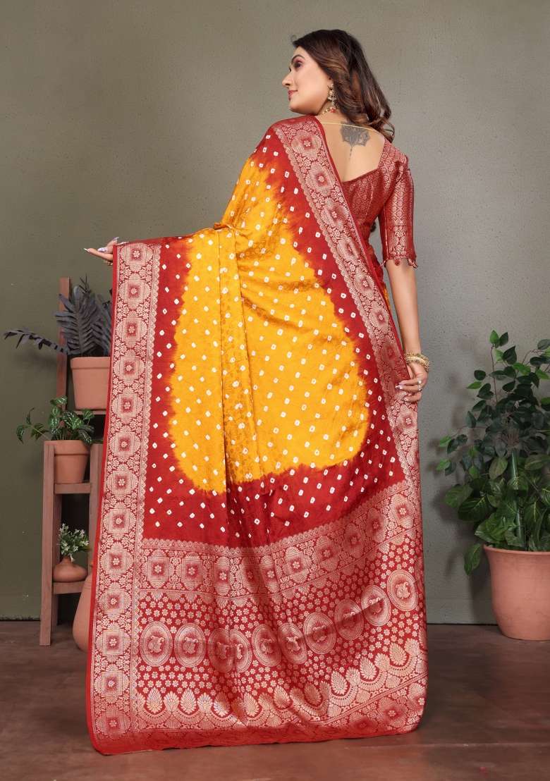 Yellow Bandhej Print Silk Saree Set - Indya