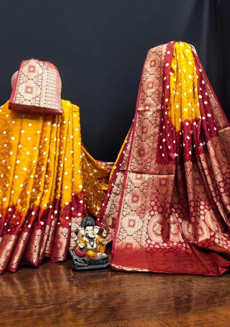 Yellow Bandhej Print Silk Saree Set - Indya
