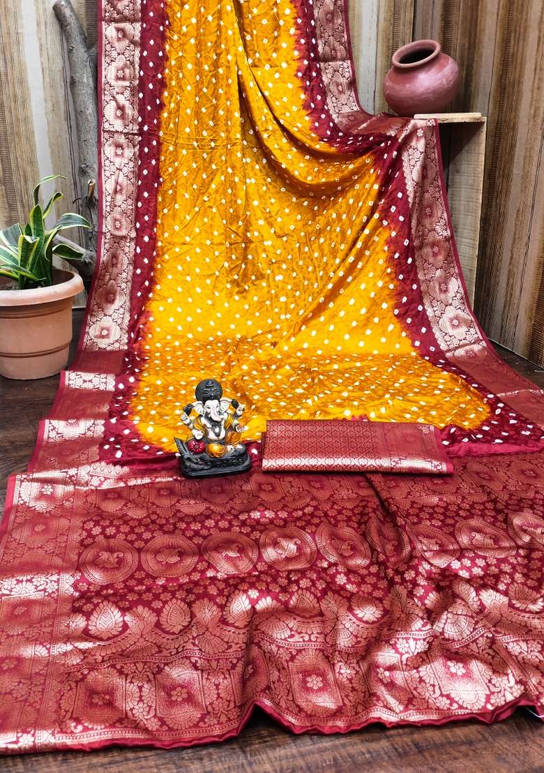 Yellow Bandhej Print Silk Saree Set - Indya