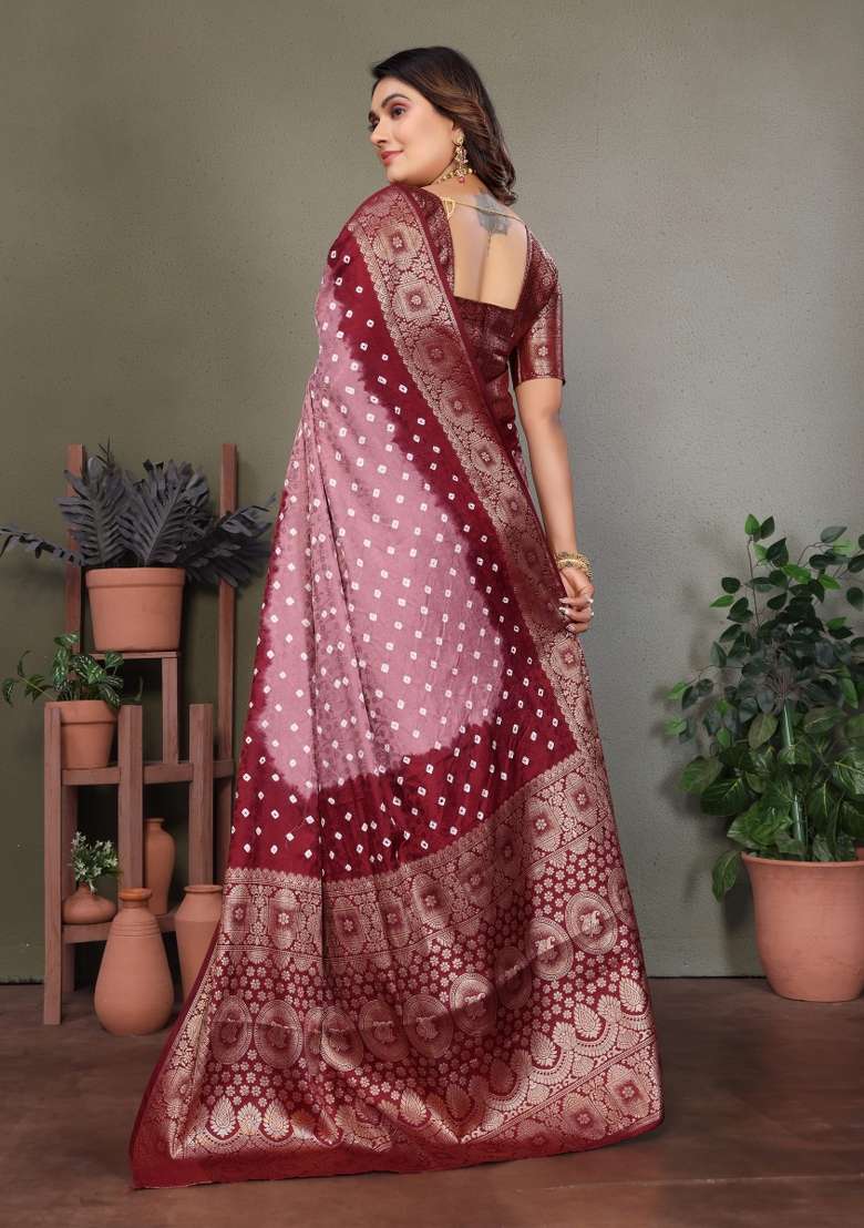 Pink Bandhej Print Silk Saree Set - Indya