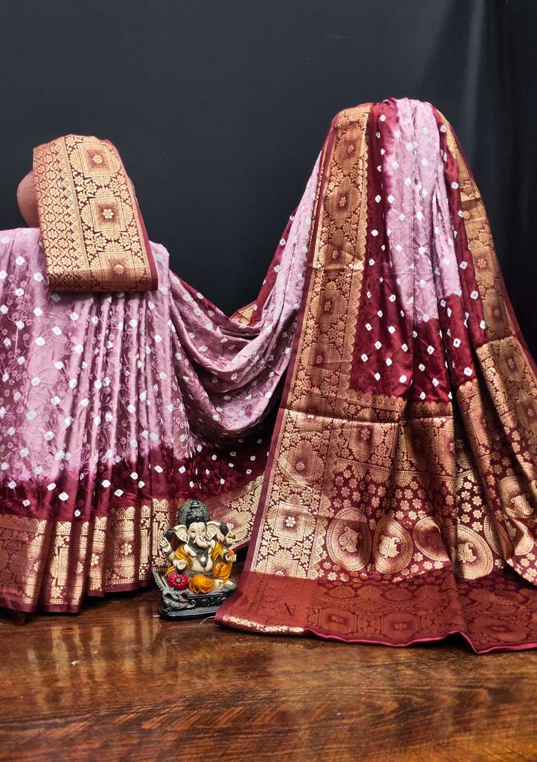 Pink Bandhej Print Silk Saree Set - Indya