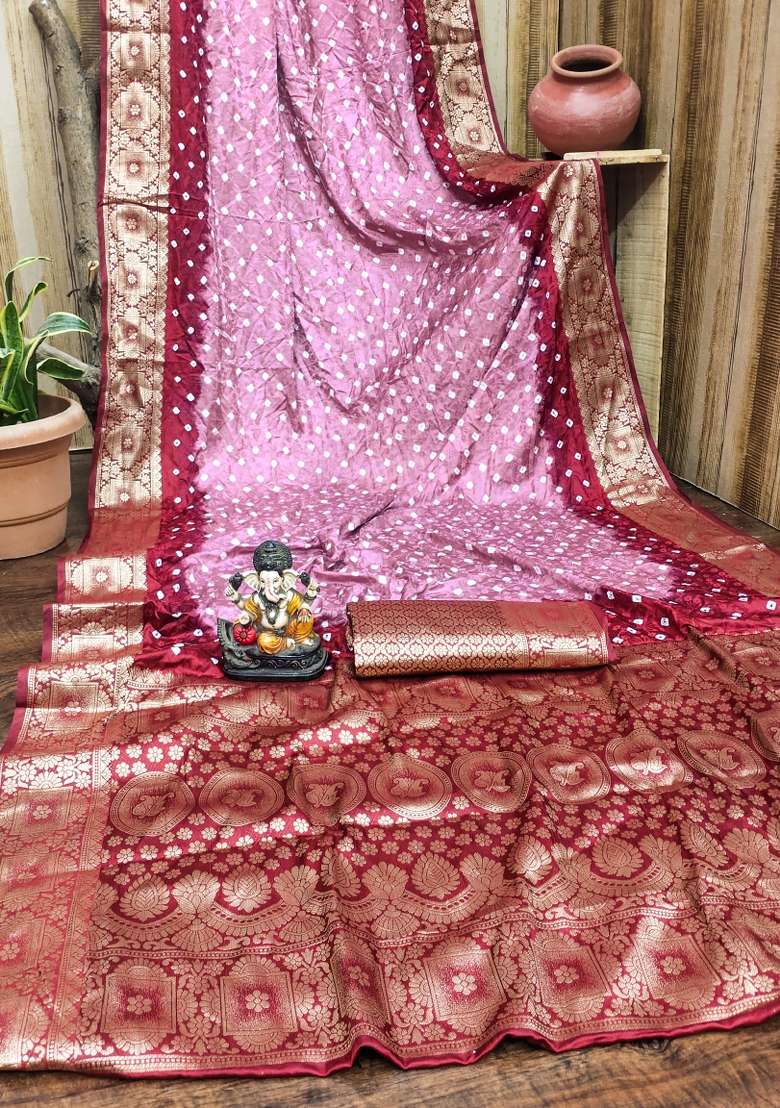 Pink Bandhej Print Silk Saree Set - Indya
