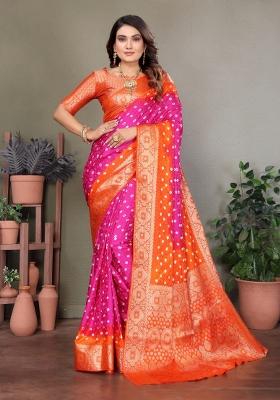 Pink Bandhej Print Silk Saree Set