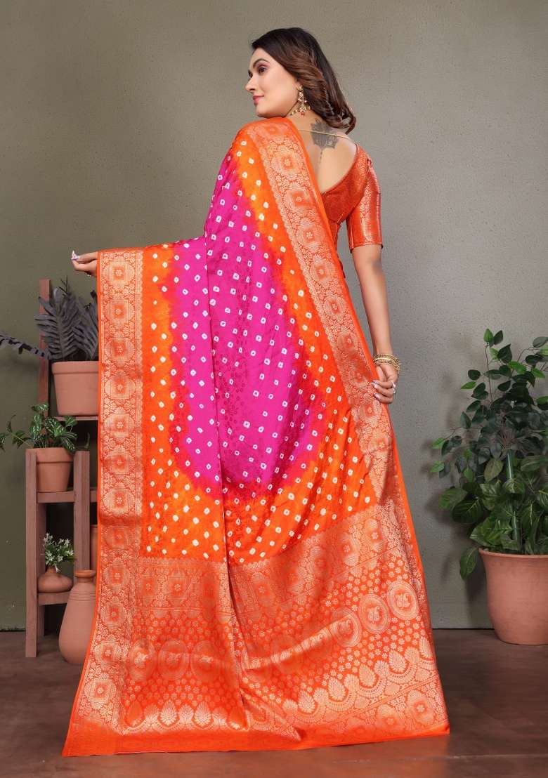 Pink Bandhej Print Silk Saree Set - Indya