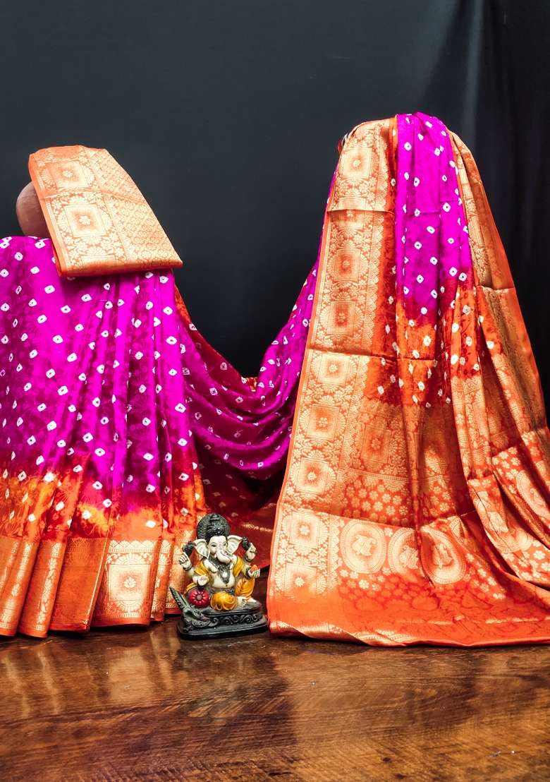 Pink Bandhej Print Silk Saree Set - Indya
