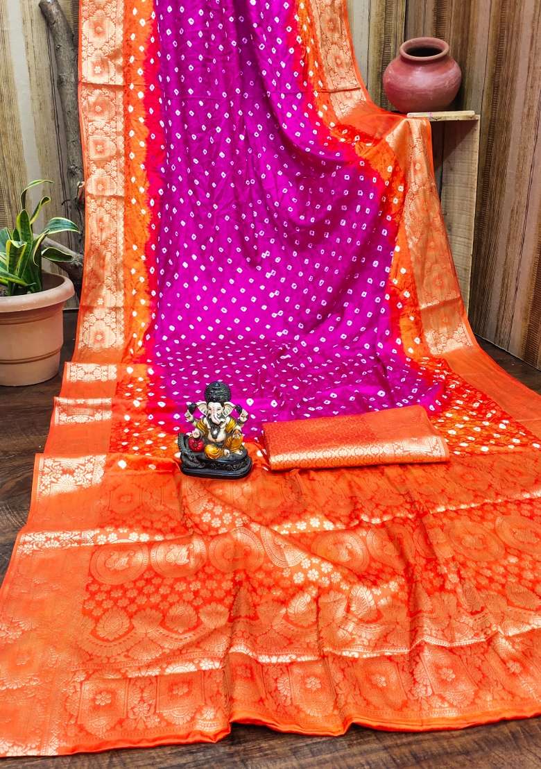 Pink Bandhej Print Silk Saree Set - Indya