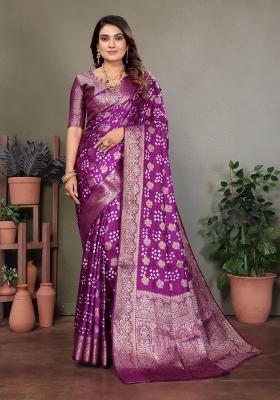 Wine Bandhej Print Silk Saree Set