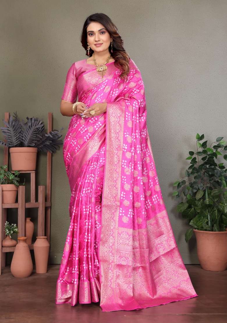 Pink Bandhej Print Silk Saree Set - Indya