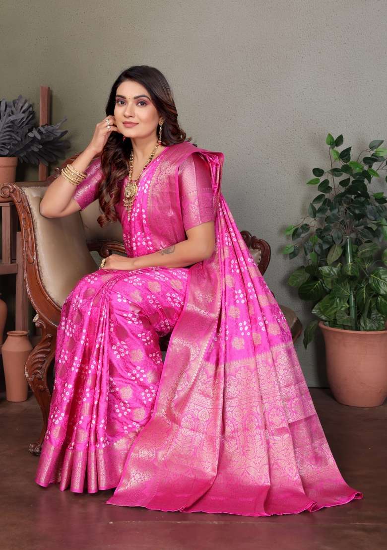 Pink Bandhej Print Silk Saree Set - Indya