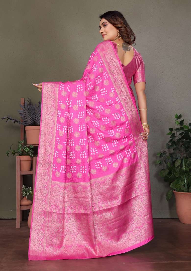Pink Bandhej Print Silk Saree Set - Indya