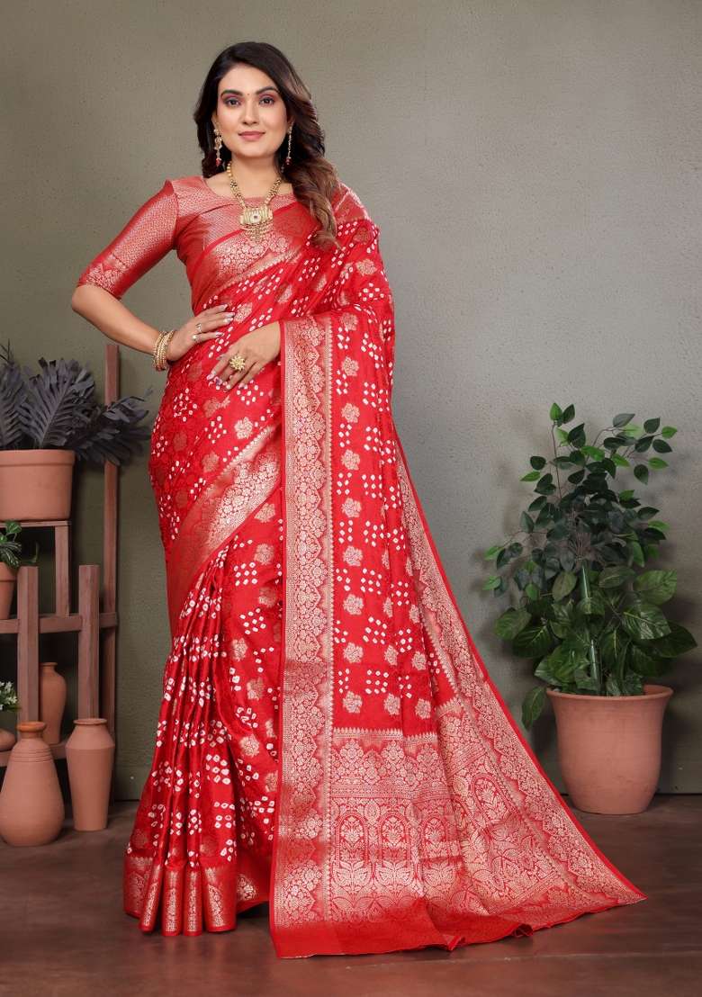Red Bandhej Print Silk Saree Set - Indya