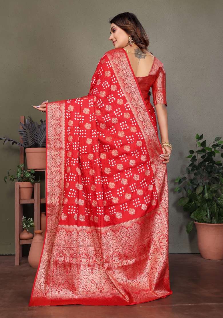 Red Bandhej Print Silk Saree Set - Indya