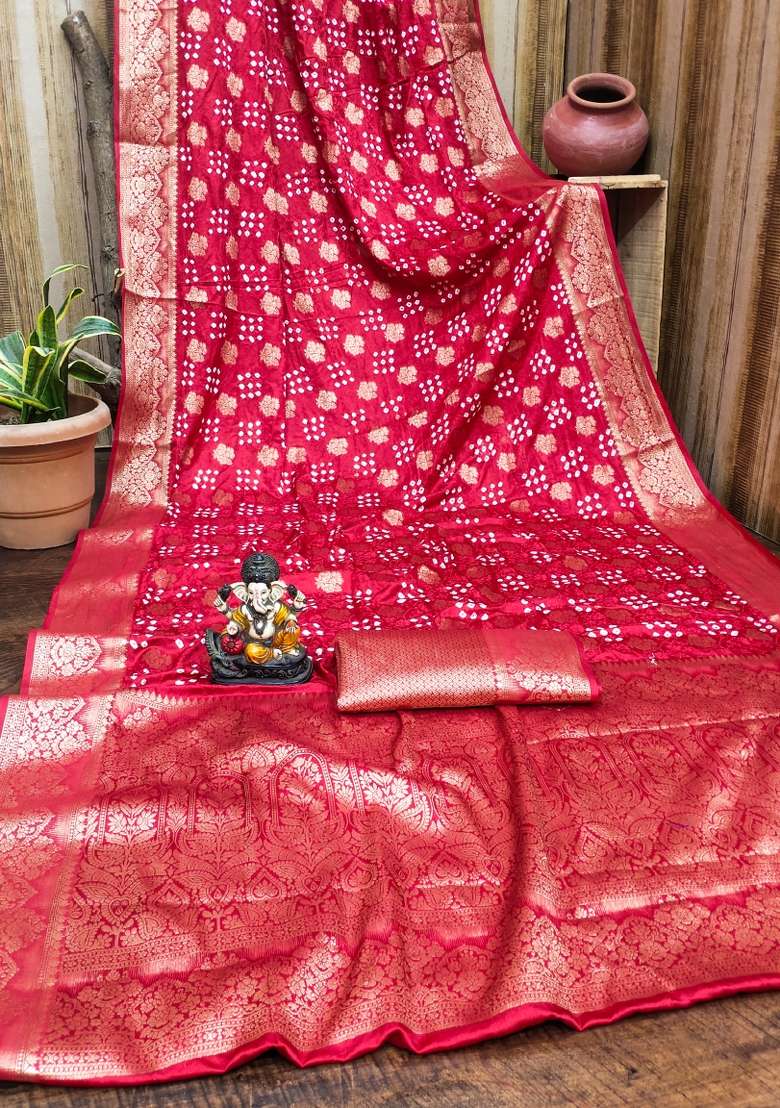 Red Bandhej Print Silk Saree Set - Indya