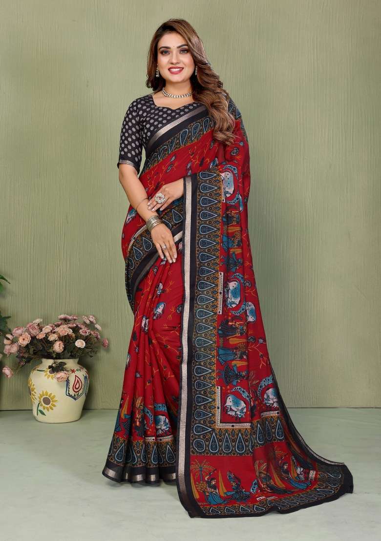 maroon Kalamkari Print Cotton Saree Set - Indya