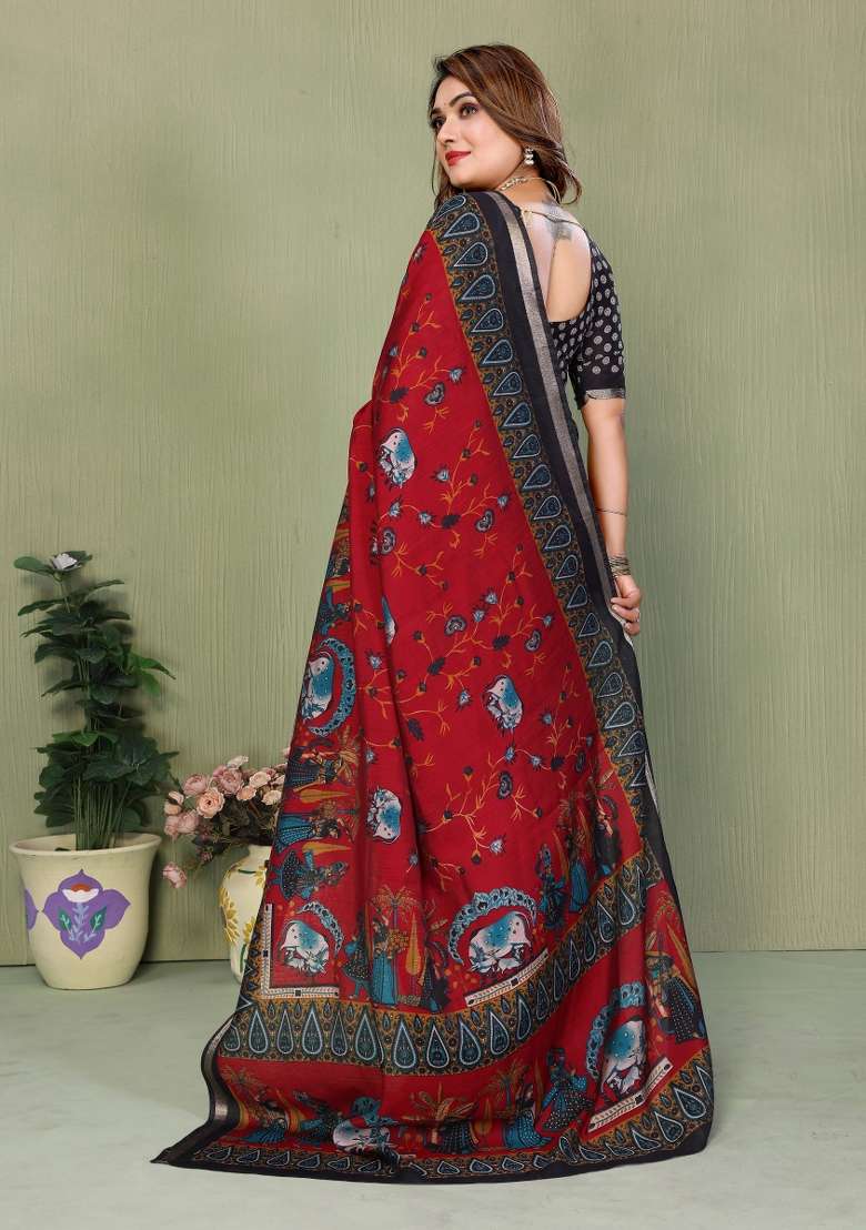 maroon Kalamkari Print Cotton Saree Set - Indya