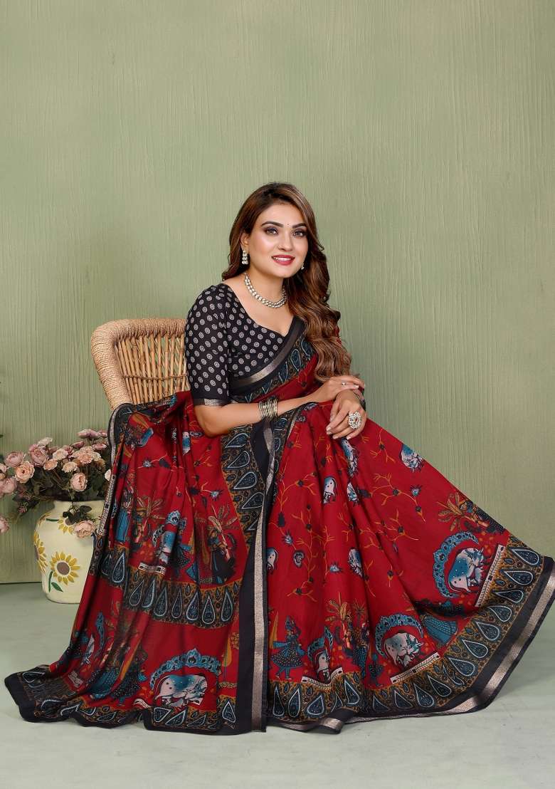 maroon Kalamkari Print Cotton Saree Set - Indya