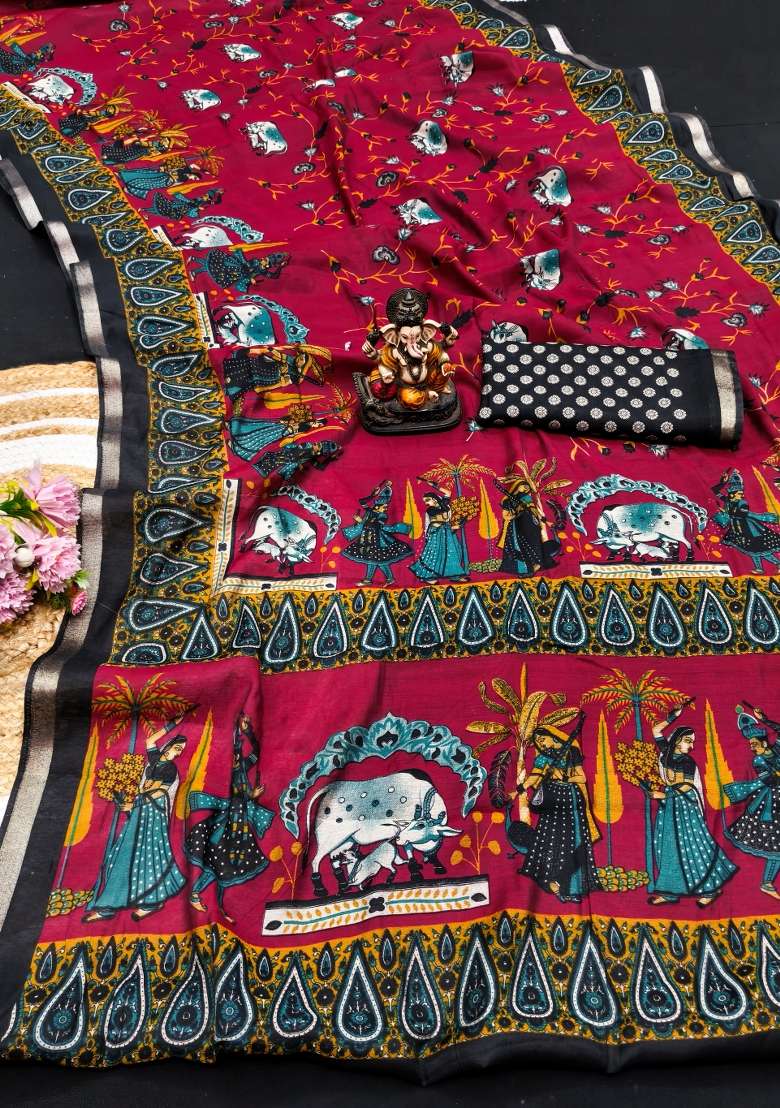 maroon Kalamkari Print Cotton Saree Set - Indya