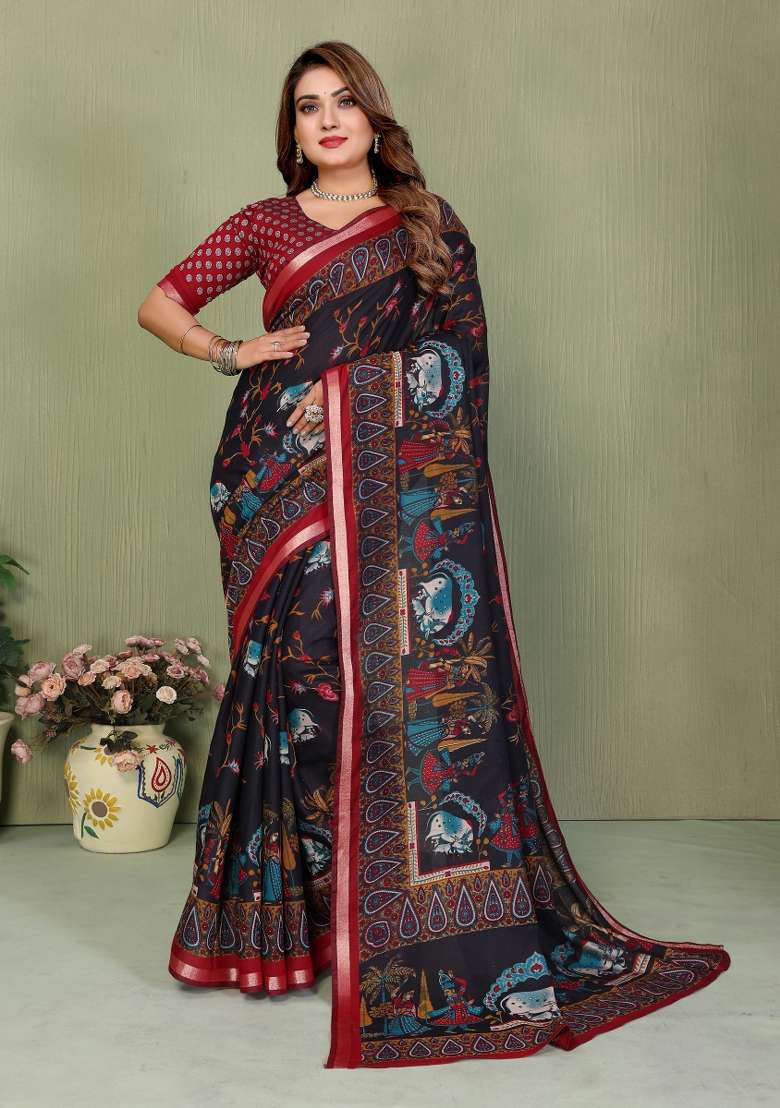 Black Kalamkari Print Cotton Saree Set - Indya