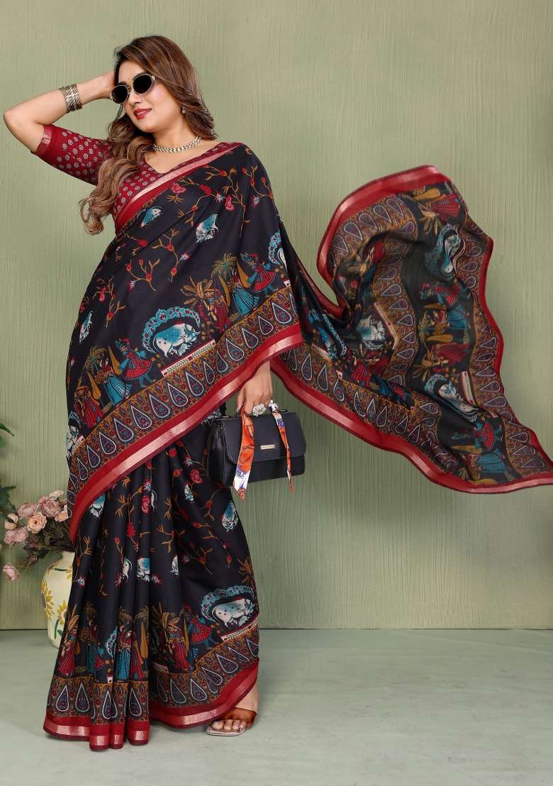 Black Kalamkari Print Cotton Saree Set - Indya