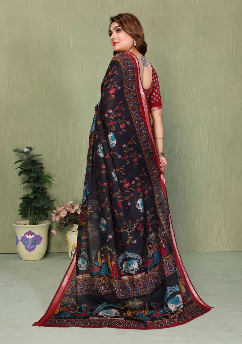 Black Kalamkari Print Cotton Saree Set - Indya
