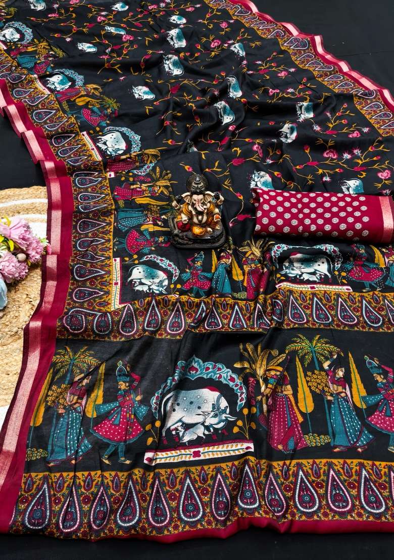 Black Kalamkari Print Cotton Saree Set - Indya