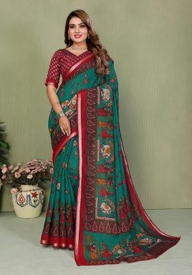 Green Kalamkari Print Cotton Saree Set