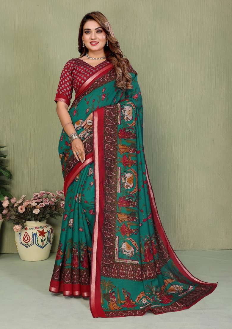 Green Kalamkari Print Cotton Saree Set - Indya