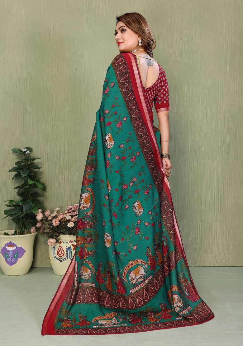 Green Kalamkari Print Cotton Saree Set - Indya