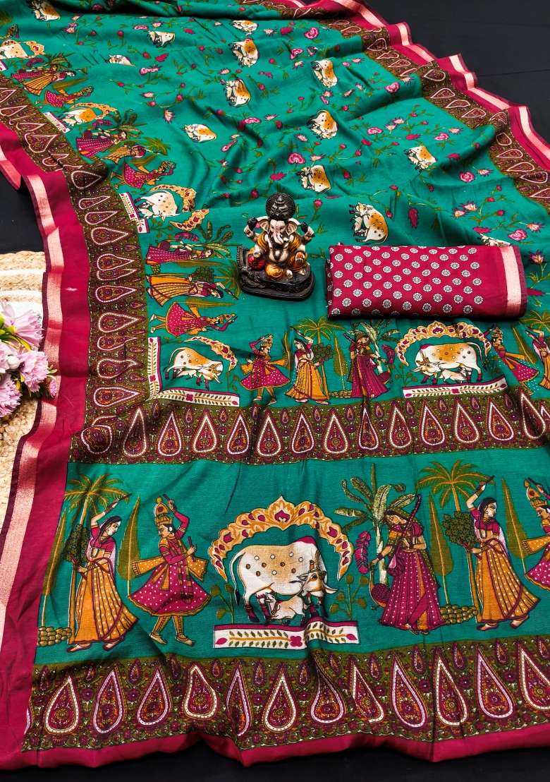 Green Kalamkari Print Cotton Saree Set - Indya