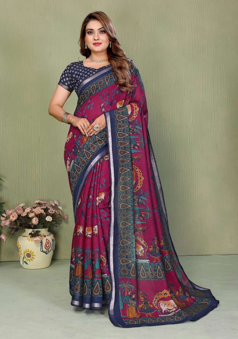 Wine Kalamkari Print Cotton Saree Set - Indya
