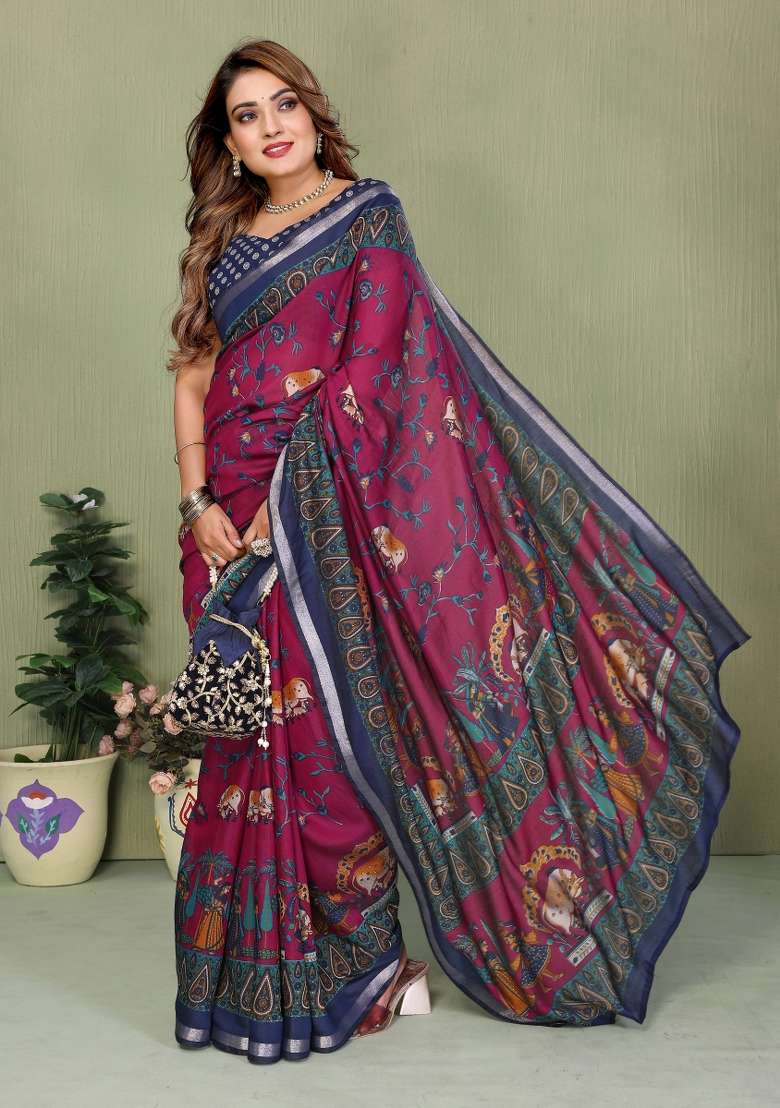 Wine Kalamkari Print Cotton Saree Set - Indya