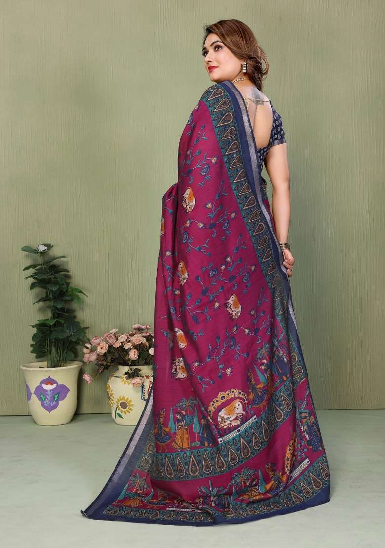Wine Kalamkari Print Cotton Saree Set - Indya