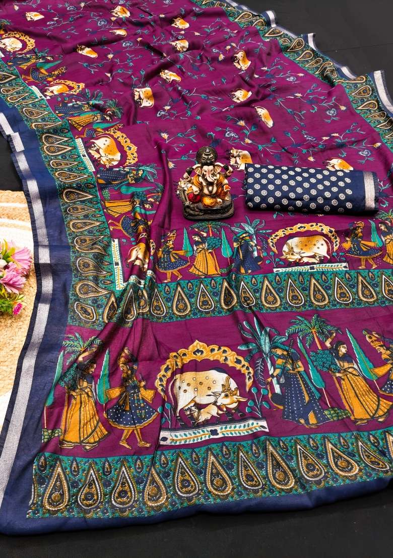 Wine Kalamkari Print Cotton Saree Set - Indya