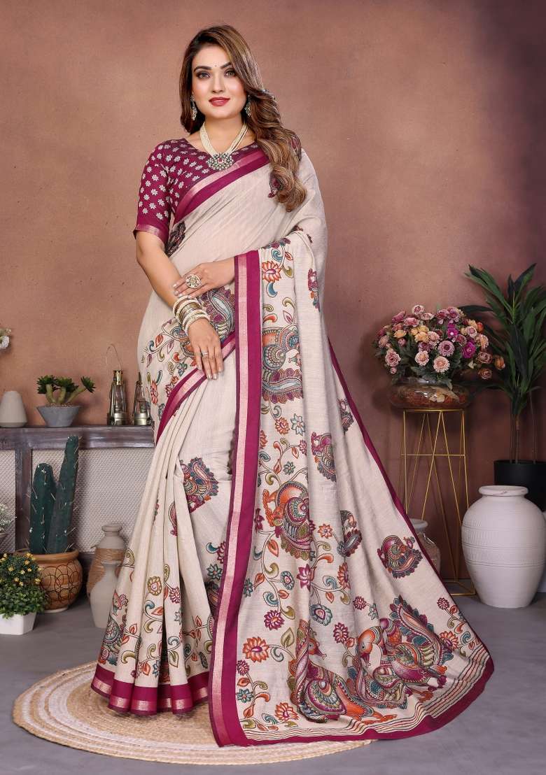Wine Kalamkari Print Cotton Saree Set - Indya