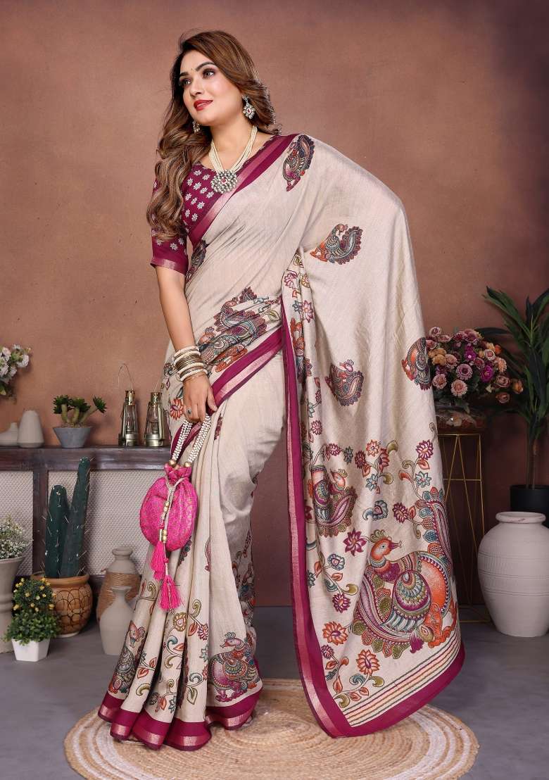 Wine Kalamkari Print Cotton Saree Set - Indya