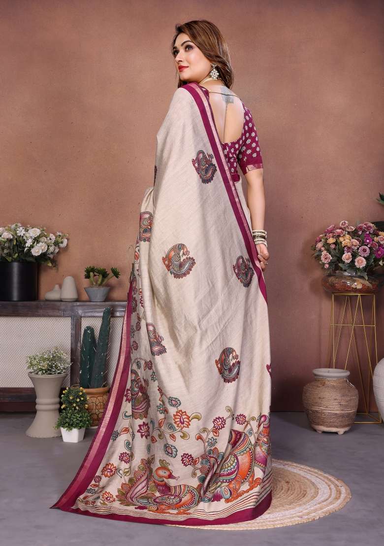 Wine Kalamkari Print Cotton Saree Set - Indya