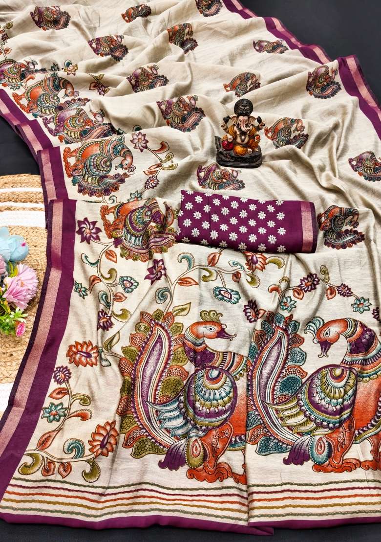 Wine Kalamkari Print Cotton Saree Set - Indya
