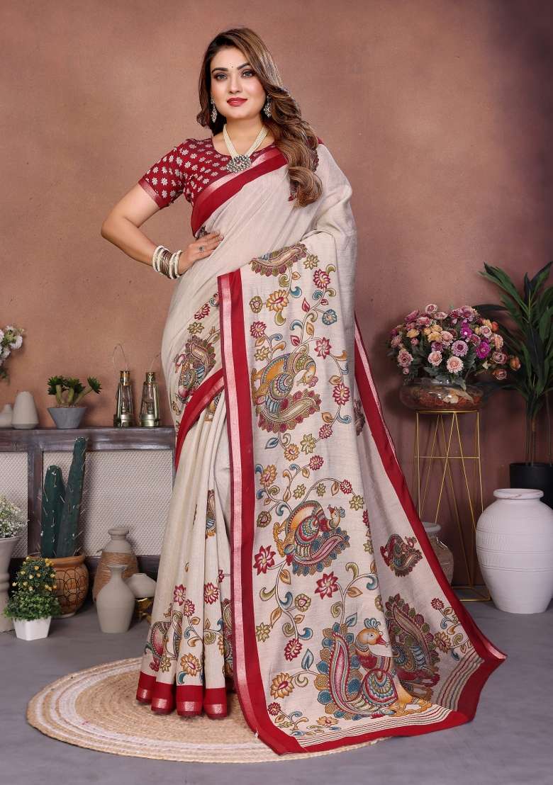 Red Kalamkari Print Cotton Saree Set - Indya